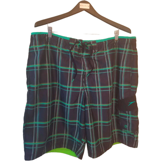 Speedo Swim Men's Shorts Plaid Black Green Size XL 42 Inseam 11‎ in - Picture 1 of 5